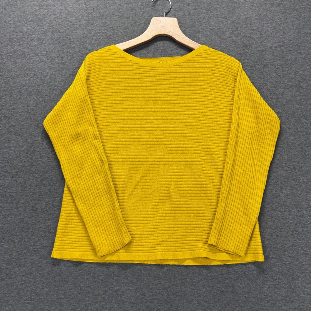Eileen Fisher Sweater Womens M Ribbed 100% Wool Boatneck Mustard Long Sleeve